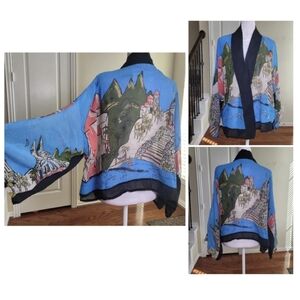 Chico's 100% Silk Art-to-Wear Kimono Top Women M, L Semi Sheer Colorful Vibrant
